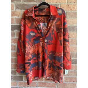 Calessa Womens Multicolor Abstract 3/4 Sleeve Button Front Blouse Tops Sz 1X NWT